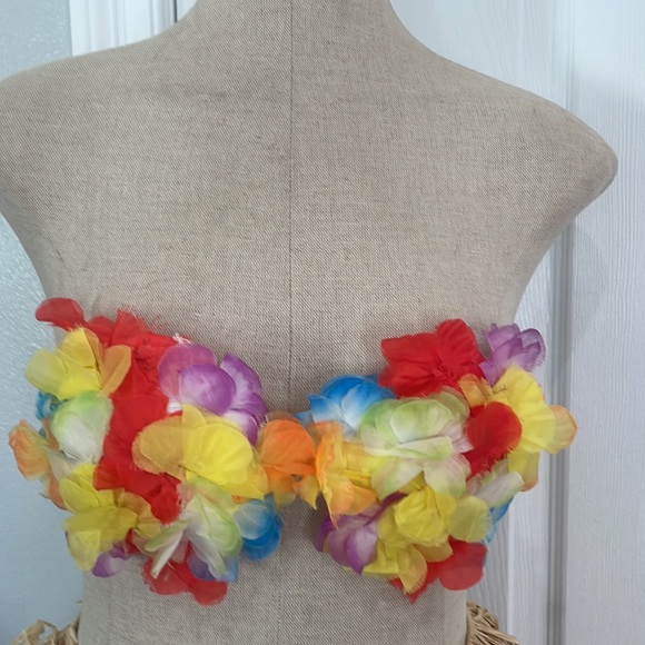 Vintage Hawaiian luau grass hula skirt costume floral bikini top leis girls 5 pc - Picture 3 of 8